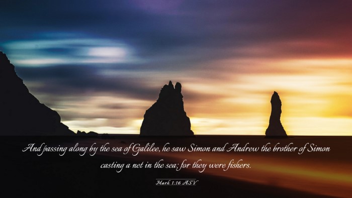 Picture 03 - Mark 1:16 ASV Desktop Wallpaper - And passing along by the sea of Galilee, he saw - Desktop Bible Verse Wallpaper