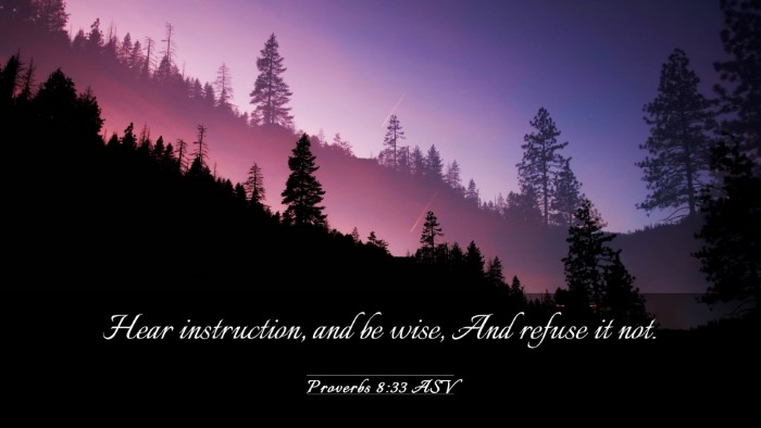 Picture 03 - Proverbs 8:33 ASV Desktop Wallpaper - Hear instruction, and be wise, And refuse it - Desktop Bible Verse Wallpaper