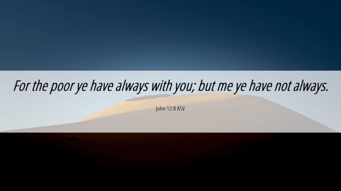 Picture 06 - John 12:8 ASV Desktop Wallpaper - For the poor ye have always with you; but me ye - Desktop Bible Verse Wallpaper