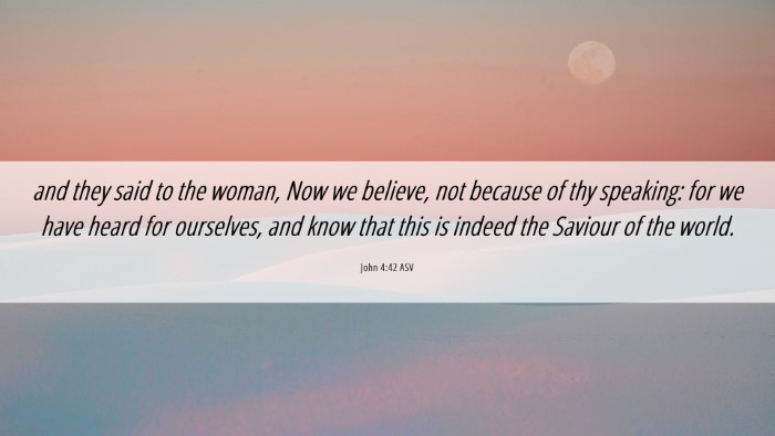 Picture 06 - John 4:42 ASV Desktop Wallpaper - and they said to the woman, Now we believe, not - Desktop Bible Verse Wallpaper