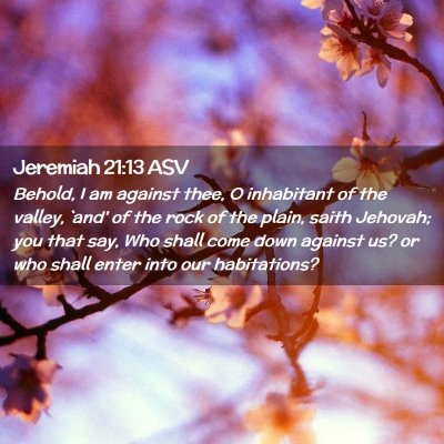 Picture 02 - Jeremiah 21:13 ASV - Behold, I am against thee, O inhabitant of the - Bible Verse Picture