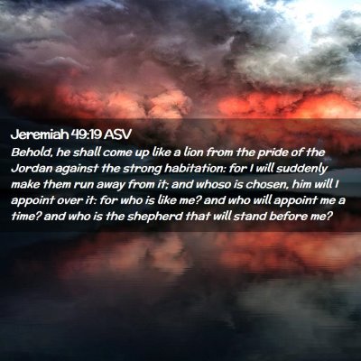 Picture 02 - Jeremiah 49:19 ASV - Behold, he shall come up like a lion from the - Bible Verse Picture