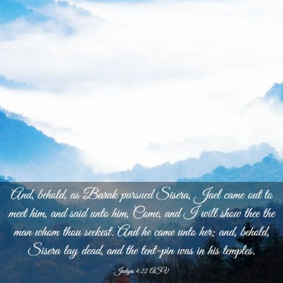 Picture 03 - Judges 4:22 ASV - And, behold, as Barak pursued Sisera, Jael came - Bible Verse Picture