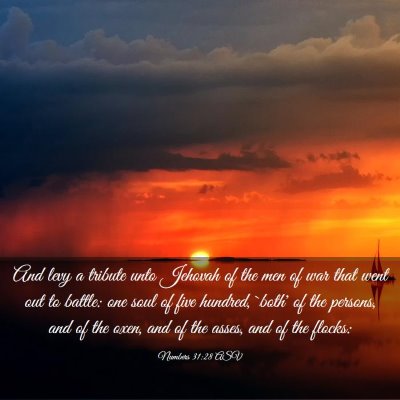 Picture 03 - Numbers 31:28 ASV - And levy a tribute unto Jehovah of the men of war - Bible Verse Picture
