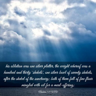 Picture 03 - Numbers 7:55 ASV - his oblation was one silver platter, the weight - Bible Verse Picture