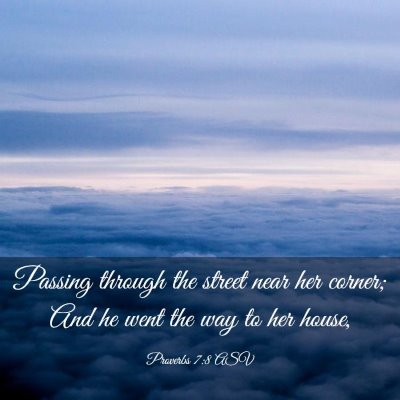 Picture 03 - Proverbs 7:8 ASV - Passing through the street near her corner; And - Bible Verse Picture