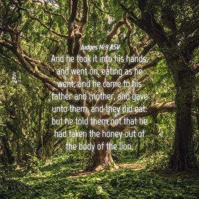 Picture 04 - Judges 14:9 ASV - And he took it into his hands, and went on, - Bible Verse Picture