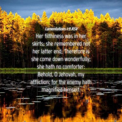 Picture 04 - Lamentations 1:9 ASV - Her filthiness was in her skirts; she remembered - Bible Verse Picture