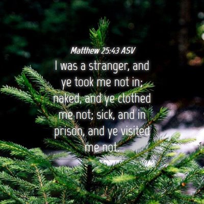 Picture 04 - Matthew 25:43 ASV - I was a stranger, and ye took me not in; naked, - Bible Verse Picture