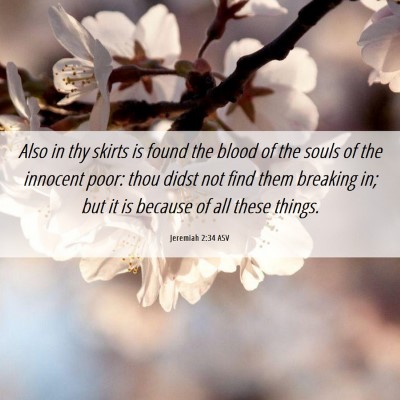 Picture 06 - Jeremiah 2:34 ASV - Also in thy skirts is found the blood of the - Bible Verse Picture