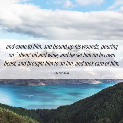 Picture 06 - Luke 10:34 ASV - and came to him, and bound up his wounds, pouring - Bible Verse Picture