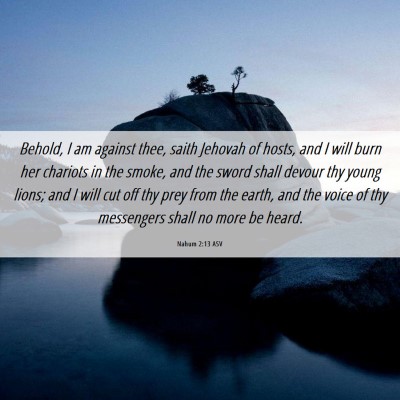 Picture 06 - Nahum 2:13 ASV - Behold, I am against thee, saith Jehovah of - Bible Verse Picture