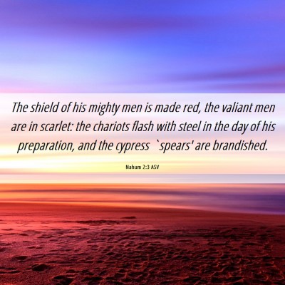 Picture 06 - Nahum 2:3 ASV - The shield of his mighty men is made red, the - Bible Verse Picture
