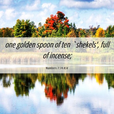 Picture 06 - Numbers 7:74 ASV - one golden spoon of ten `shekels', full of - Bible Verse Picture