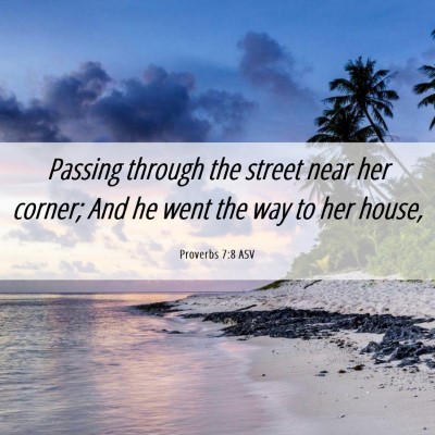 Picture 06 - Proverbs 7:8 ASV - Passing through the street near her corner; And - Bible Verse Picture