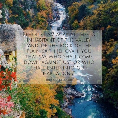 Picture 07 - Jeremiah 21:13 ASV - Behold, I am against thee, O inhabitant of the - Bible Verse Picture