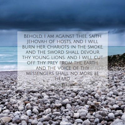 Picture 07 - Nahum 2:13 ASV - Behold, I am against thee, saith Jehovah of - Bible Verse Picture