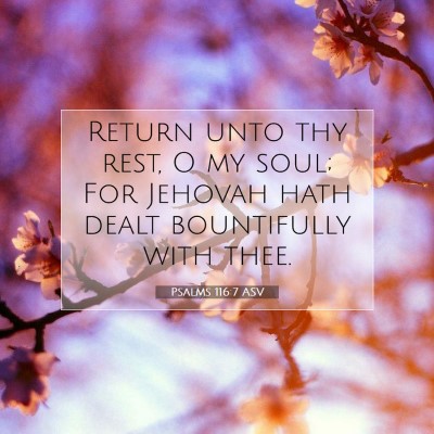 Picture 07 - Psalms 116:7 ASV - Return unto thy rest, O my soul; For Jehovah hath - Bible Verse Picture