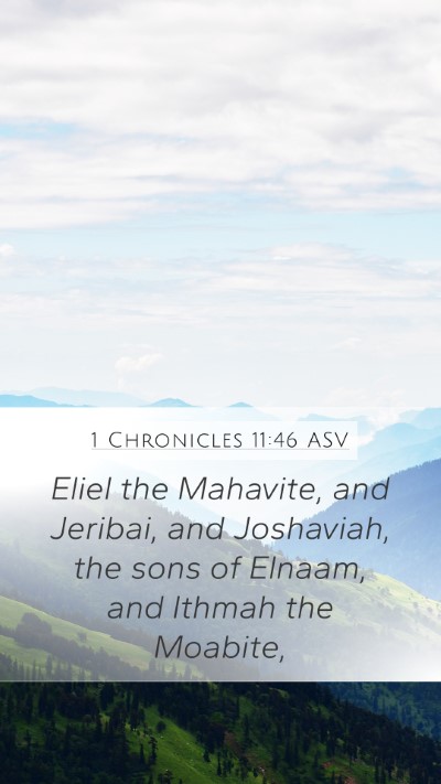 1 Chronicles 11:46 ASV Mobile Phone Wallpaper - Eliel the Mahavite, and Jeribai, and Joshaviah, - Mobile Bible Verse Wallpaper