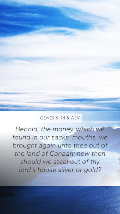 Genesis 44:8 ASV Mobile Phone Wallpaper - Behold, the money, which we found in our sacks' - Mobile Bible Verse Wallpaper