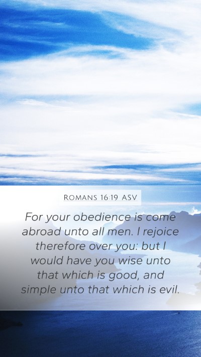 Romans 16:19 ASV Bible Verse Image