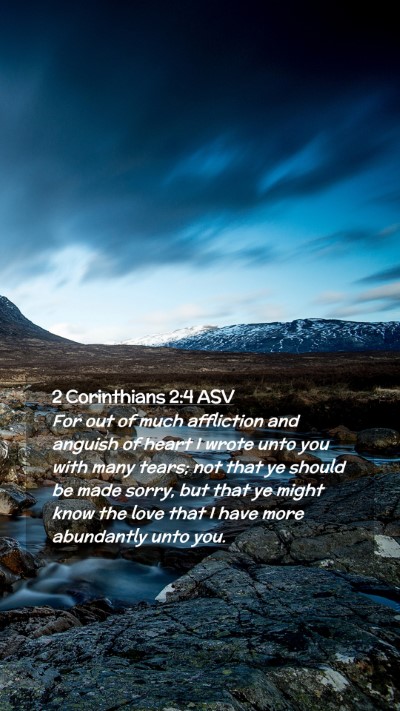 Picture 02 - 2 Corinthians 2:4 ASV Mobile Phone Wallpaper - For out of much affliction and anguish of heart I - Mobile Bible Verse Wallpaper