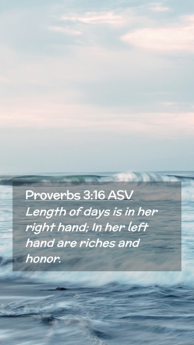 Picture 02 - Proverbs 3:16 ASV Mobile Phone Wallpaper - Length of days is in her right hand; In her left - Mobile Bible Verse Wallpaper