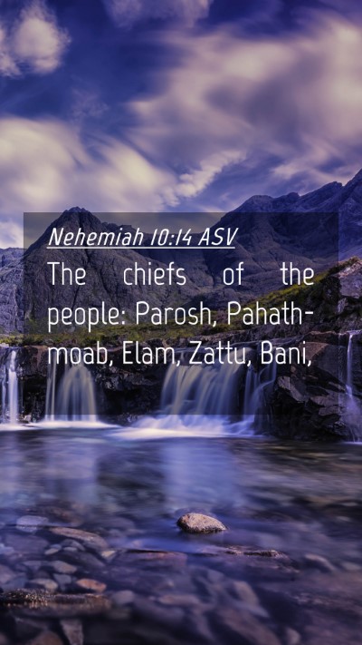 Picture 04 - Nehemiah 10:14 ASV Mobile Phone Wallpaper - The chiefs of the people: Parosh, Pahath-moab, - Mobile Bible Verse Wallpaper