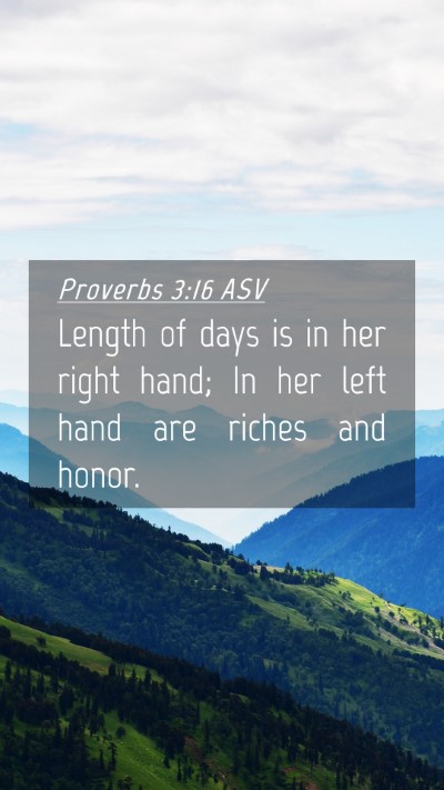 Picture 04 - Proverbs 3:16 ASV Mobile Phone Wallpaper - Length of days is in her right hand; In her left - Mobile Bible Verse Wallpaper