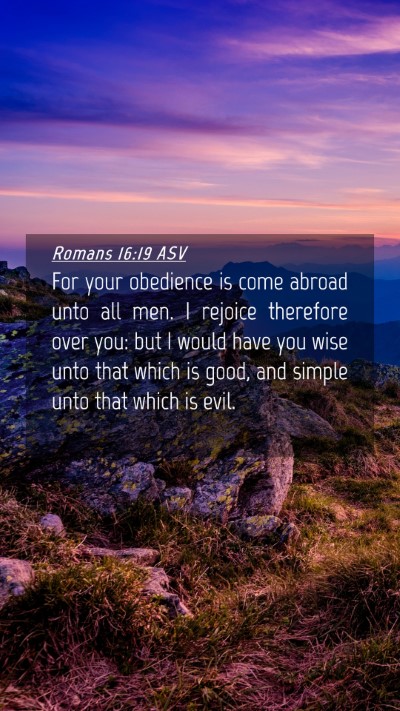 Picture 04 - Romans 16:19 ASV Mobile Phone Wallpaper - For your obedience is come abroad unto all men. I - Mobile Bible Verse Wallpaper