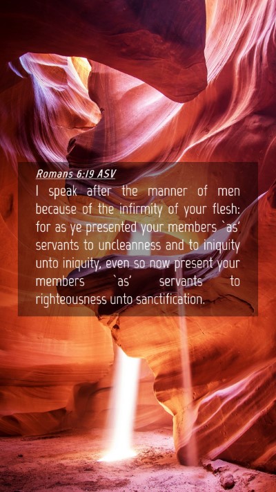Picture 04 - Romans 6:19 ASV Mobile Phone Wallpaper - I speak after the manner of men because of the - Mobile Bible Verse Wallpaper