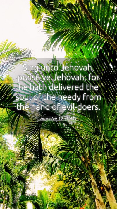 Picture 05 - Jeremiah 20:13 ASV Mobile Phone Wallpaper - Sing unto Jehovah, praise ye Jehovah; for he hath - Mobile Bible Verse Wallpaper