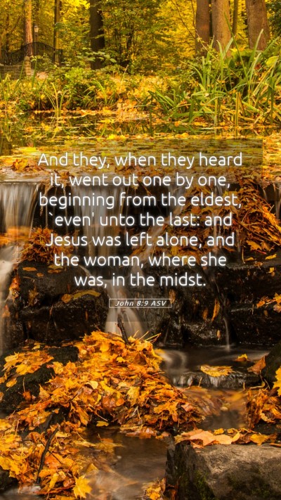 Picture 05 - John 8:9 ASV Mobile Phone Wallpaper - And they, when they heard it, went out one by - Mobile Bible Verse Wallpaper