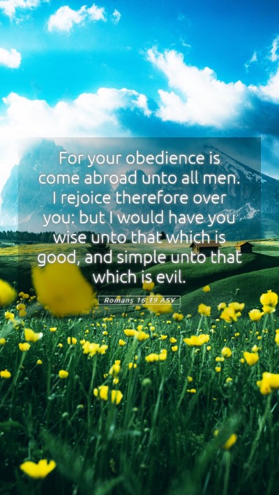 Picture 05 - Romans 16:19 ASV Mobile Phone Wallpaper - For your obedience is come abroad unto all men. I - Mobile Bible Verse Wallpaper