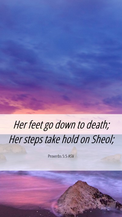 Picture 06 - Proverbs 5:5 ASV Mobile Phone Wallpaper - Her feet go down to death; Her steps take hold on - Mobile Bible Verse Wallpaper