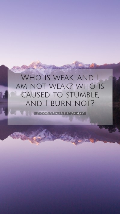 Picture 07 - 2 Corinthians 11:29 ASV Mobile Phone Wallpaper - Who is weak, and I am not weak? who is caused to - Mobile Bible Verse Wallpaper